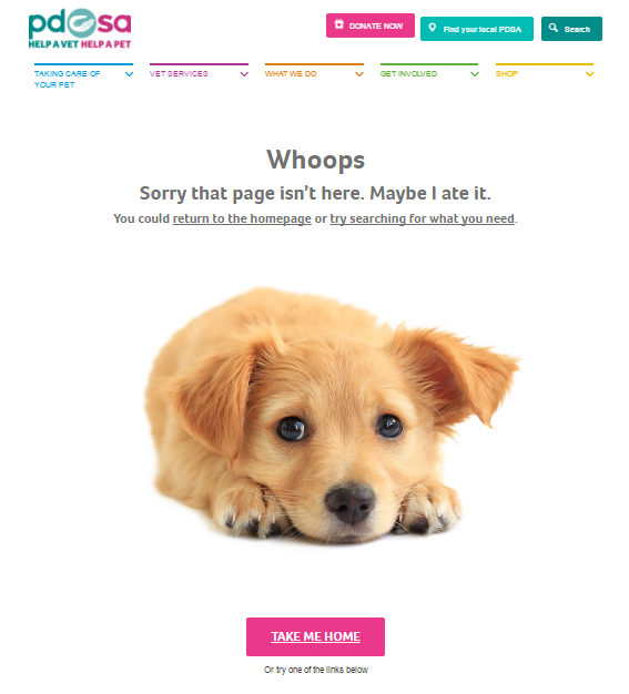 PDSA charity 404 error page
