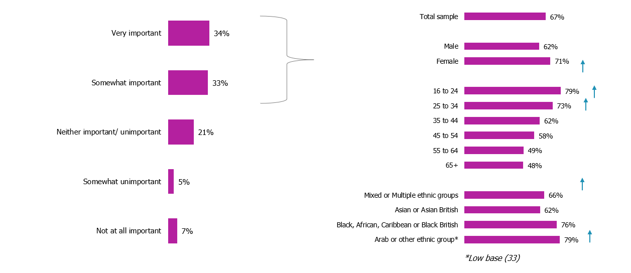 Charts showing that 67% think it is important for charities they support to vocally support BLM movement