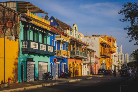 Colourful painted buildings in a street in Cartagena