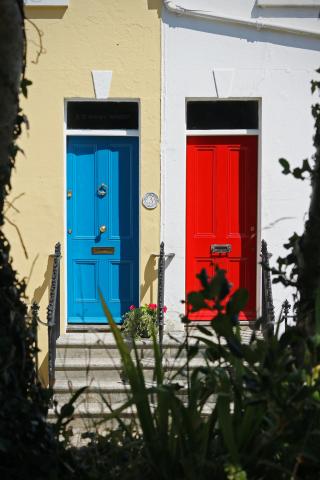 A red and blue door