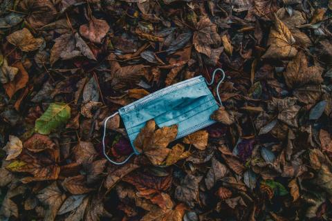 Blue facemask on brown old autumn leaves