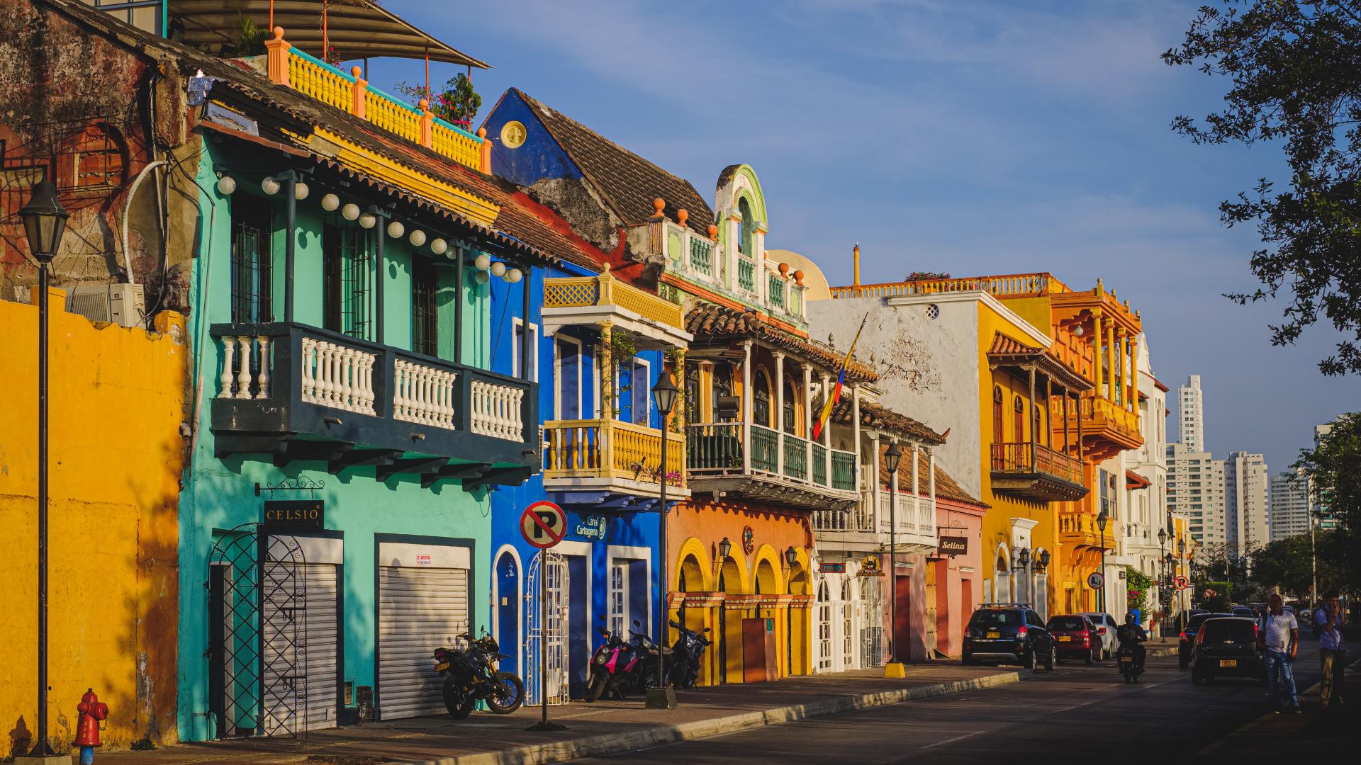 Colourful painted buildings in a street in Cartagena